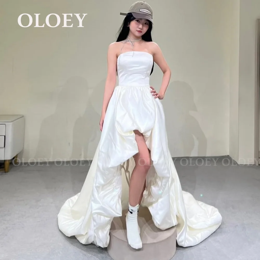 

OLOEY Unique Hi-Lo Korean Wedding Dress Photo Shoot Strapless Pleat Soft Satin Bridal Gown Corset Back Sweep Train Customized