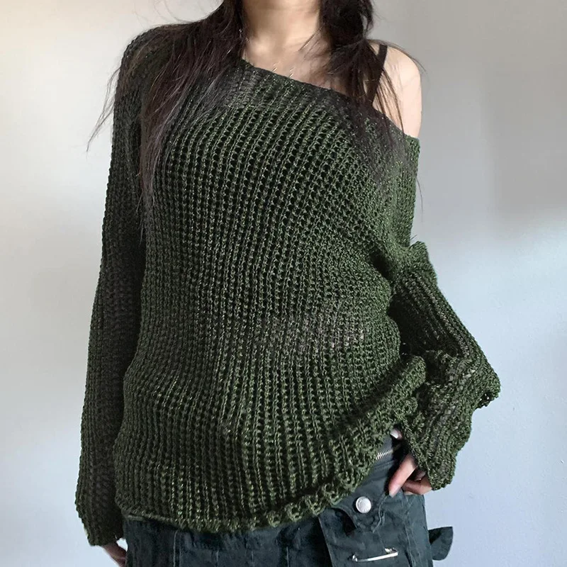 Autumn and Winter New Solid Color Irregular Slant Neck Open Shoulder Loose Spicy Girl Knitted Sweater