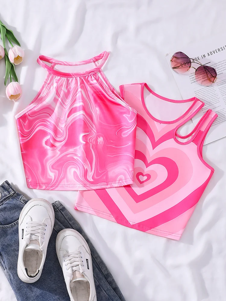Spring And Summer Women's And Children's Casual Cute And Elegant Sports Style Pink Floral Camisole Two-Piece Set