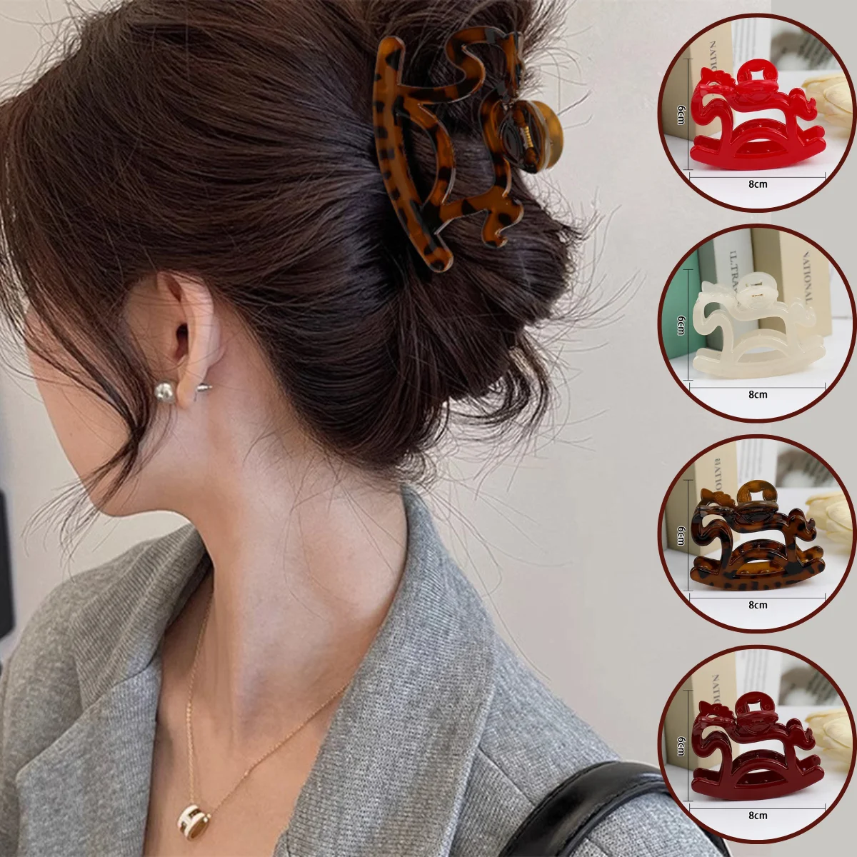 

Chinese-Style Acrylic Money Horse Hair Clip Zodiac Horse Year Openwork Half-Tie Back Hair Accessory Women's Gift