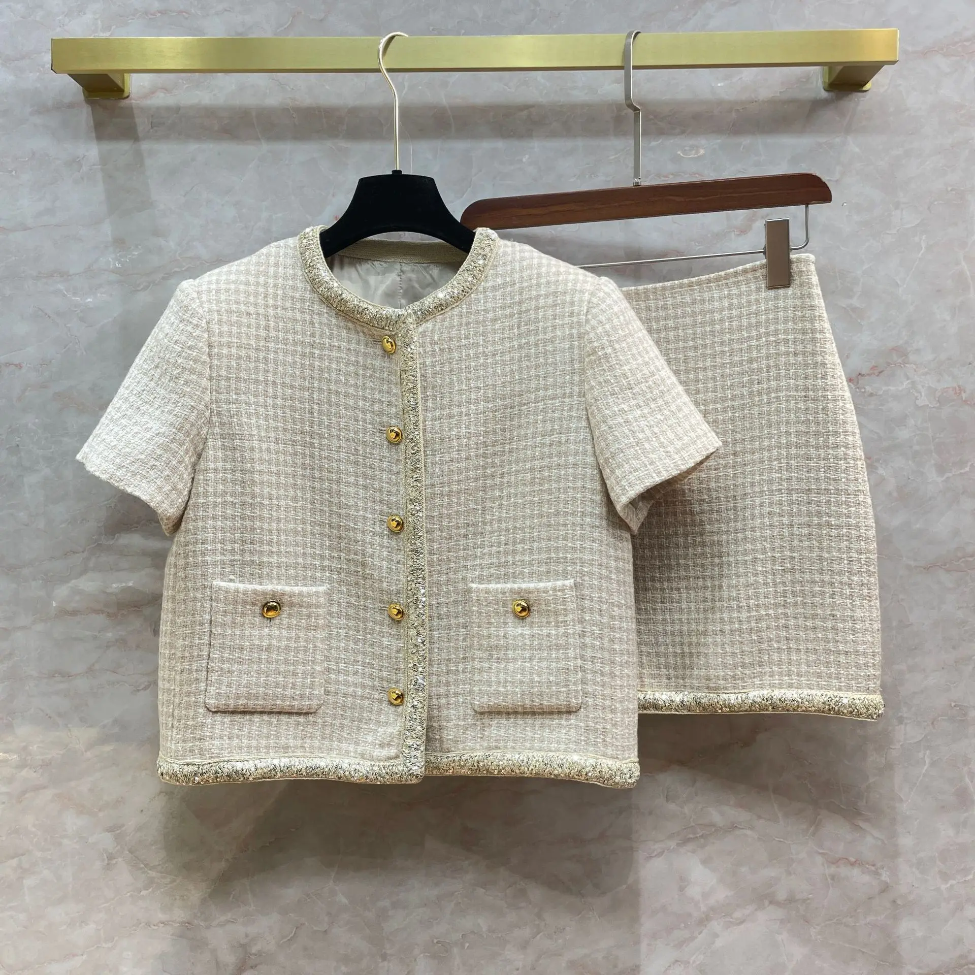 

2024 Spring Brand New Designer Fashion Women's High Quality Short-sleeves Tweed Jackets + Skirt C324