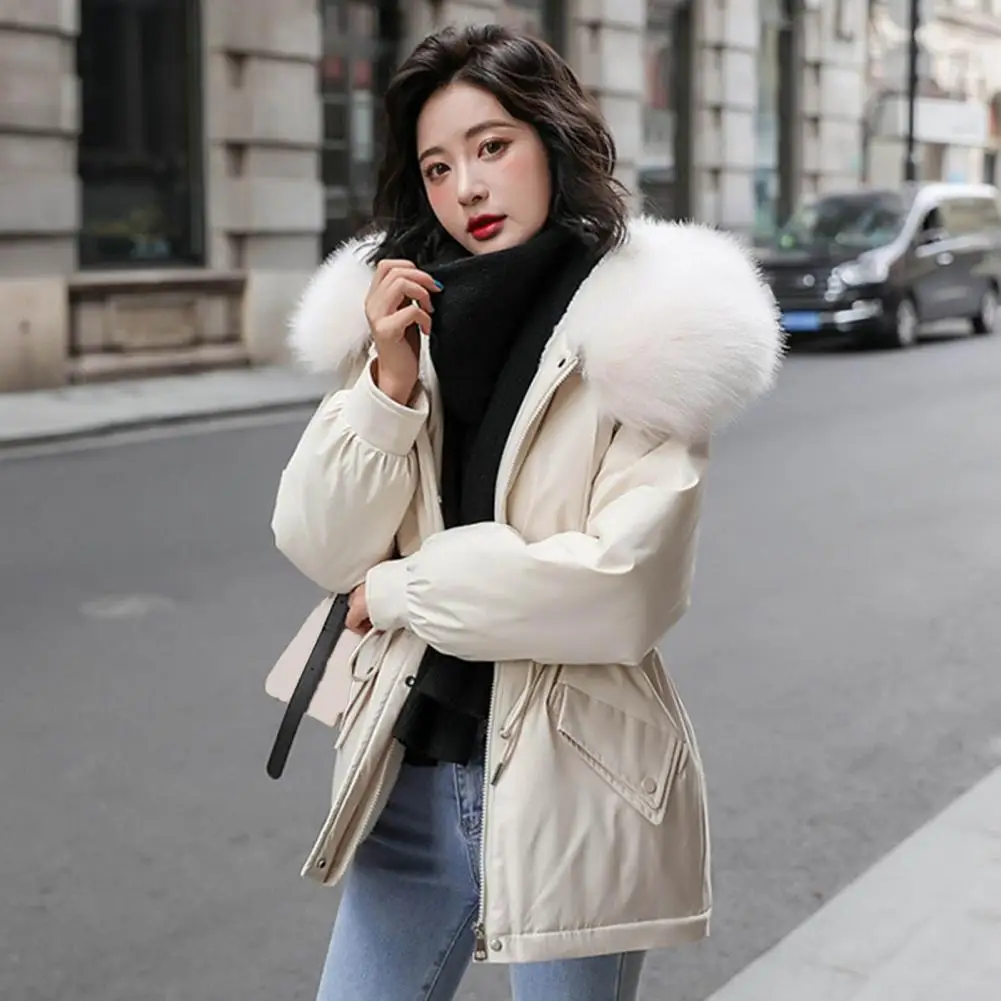 

High-quality Women Jacket Trendy Women's Winter Puffer Jacket with Plush Lining Drawstring Waist Faux Fur Hood Cozy for Work