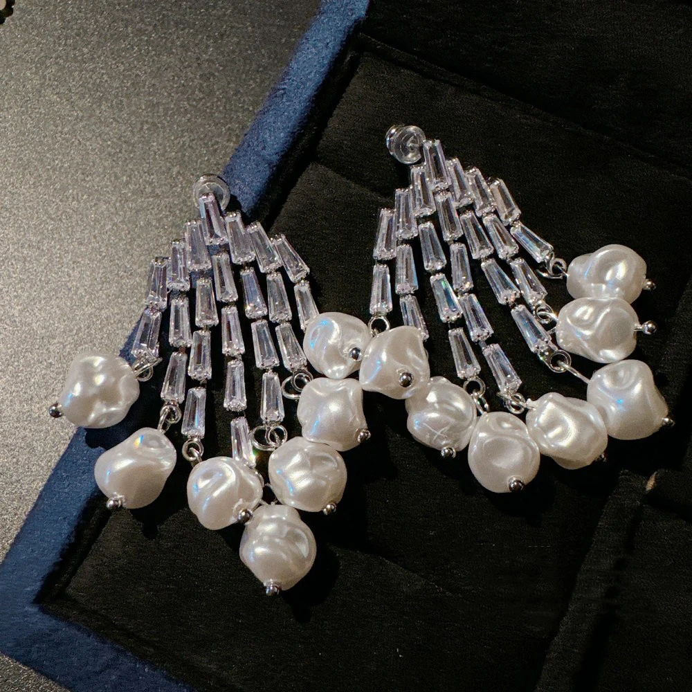 Elegant pearls shiny zircon earrings water drops Swaying tassels gentle girl ear accessory