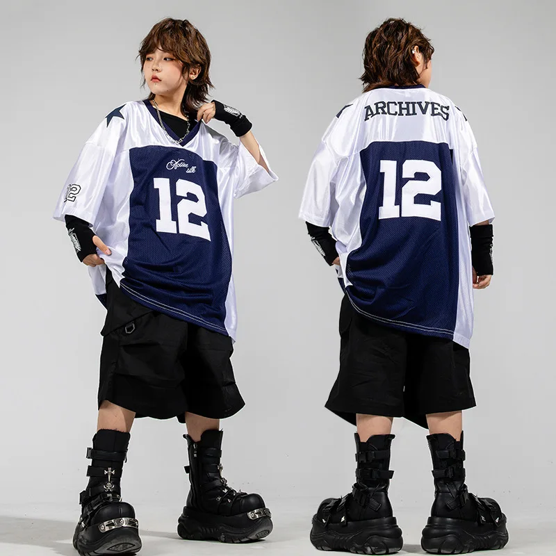

Kid Kpop Hip Hop Clothing White Navy Jersey T Shirt Black Casual Parachute Cargo Shorts for Girl Boy Jazz Dance Costume Clothes