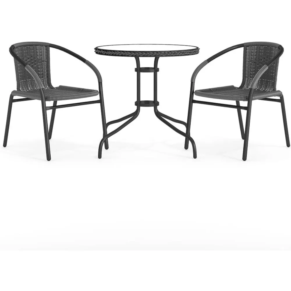 

3-Piece Patio Dining Set with Round Glass Metal Table and 2 Stackable Rattan Chairs, Indoor/Outdoor Bistro Table and Chairs Set