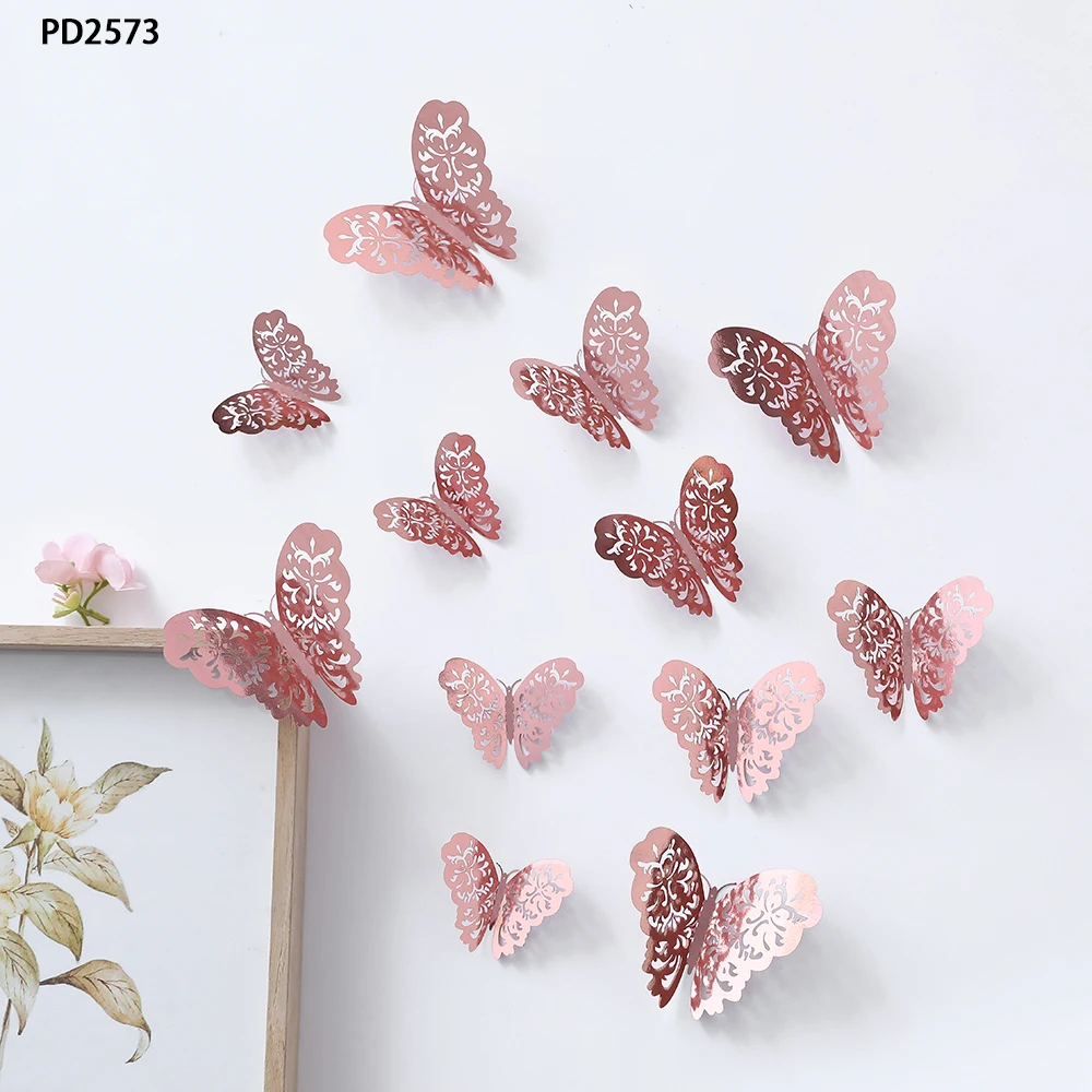 12/24/36Pcs 3D Hollow Butterfly Wall Sticker oro argento rosa decorazione di nozze camera da letto decorazioni per la casa farfalle decalcomanie adesivi