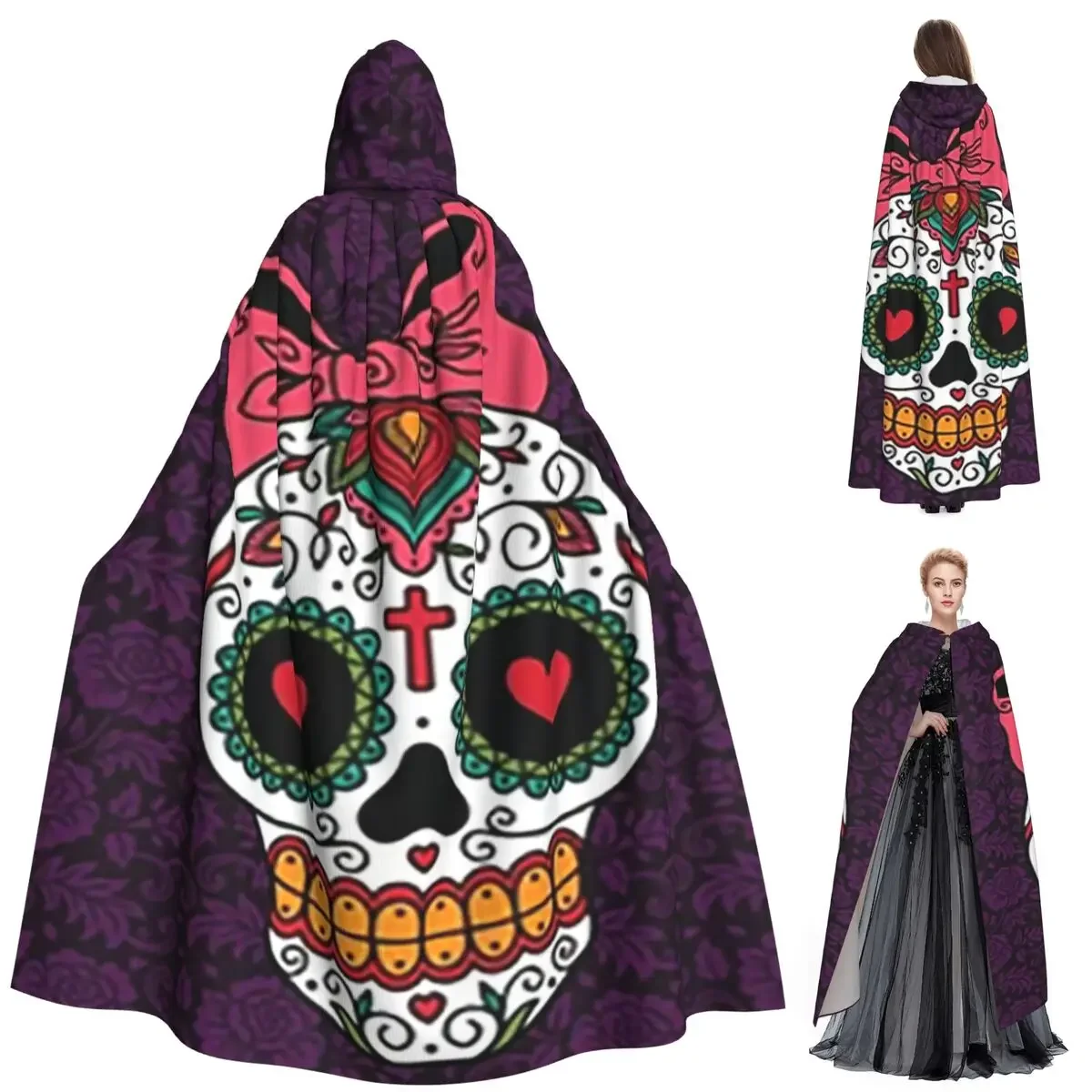 

Mexican Skull Woman Long Hooded Cloak Witch Medieval Costume Cosplay Cape HalloweenCoat Adult Unisex