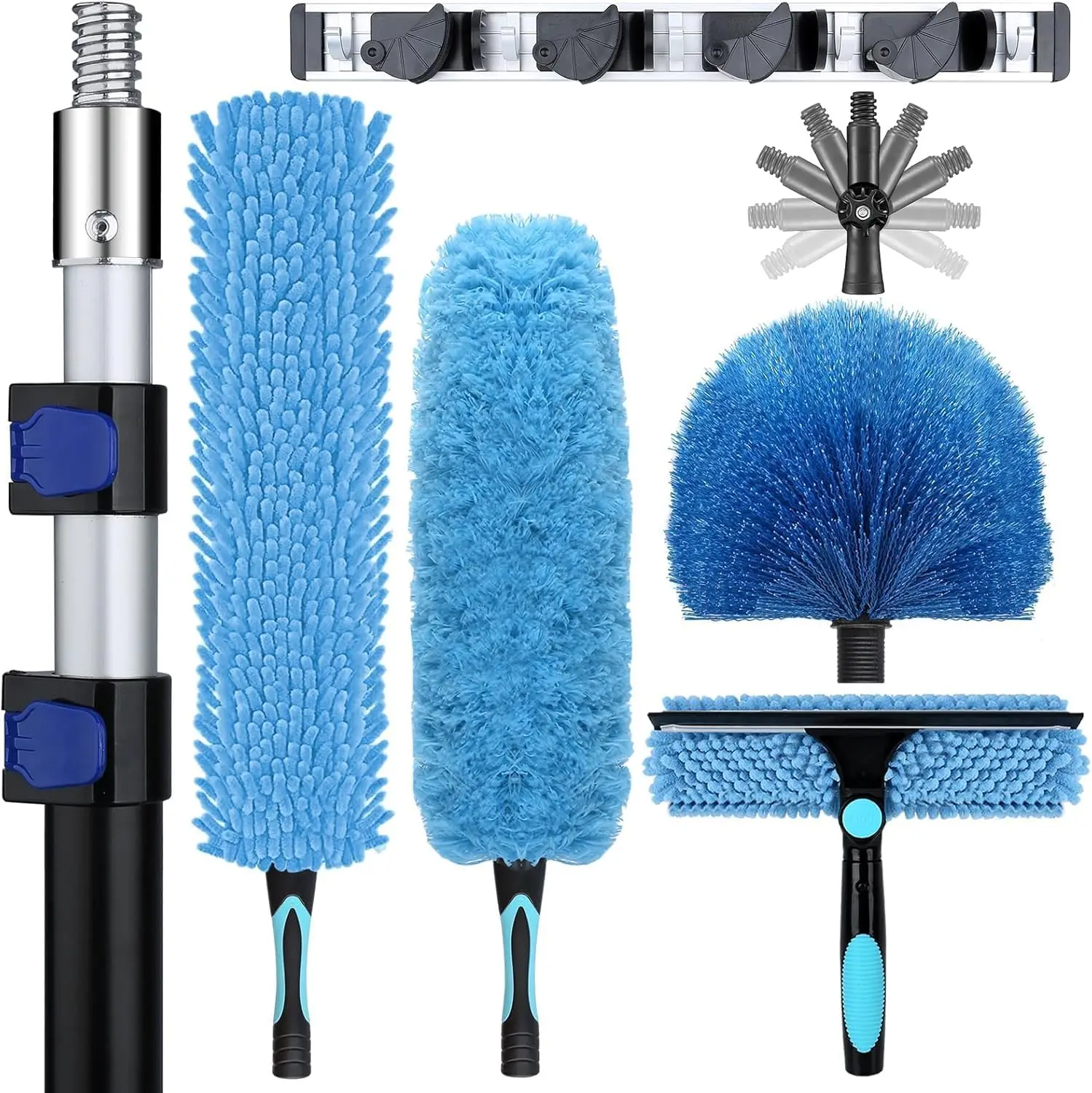 

20ft High Ceiling Duster Kit with Extension Pole - Fan Blade Cleaner, Cobweb Remover & Window Squeegee for Roof and Glass