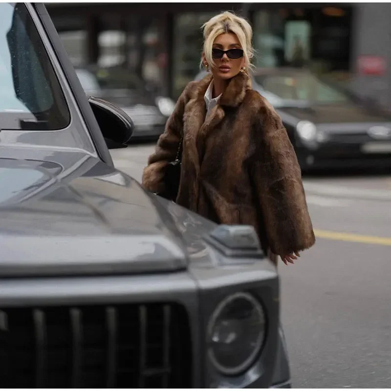 Brown Faux Fur Long Overcoat Long Sleeve Thick Coat Single Breasted Casual Long Overcoat 2024 Autumn High Street Lady Outerwear