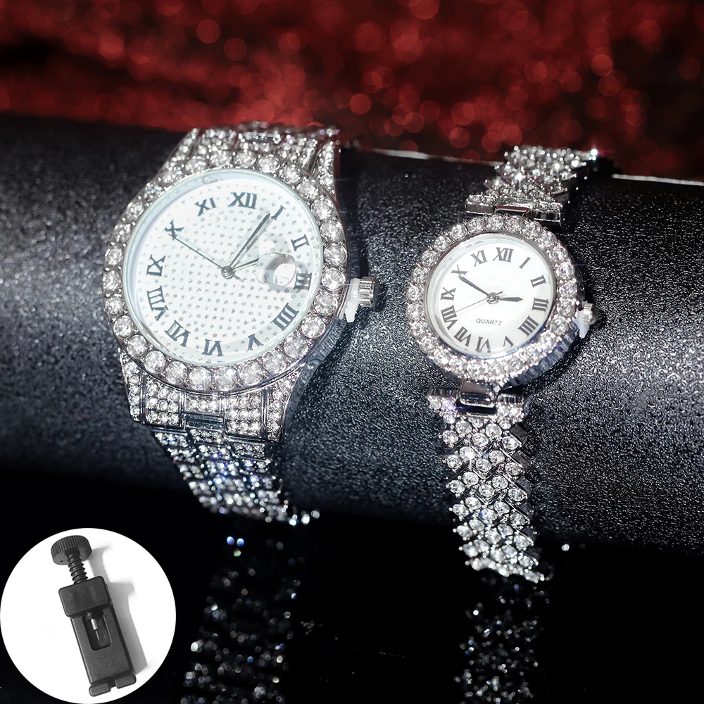 

2pcs Stylish Silver Couples Watch Set Hip-hop Punk Iced Out Inlaid Diamonds Watch Men Women Luxury Trend Party Jewelry Gift