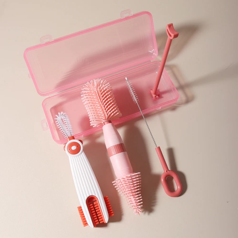 4 in One Baby Bottle Cleaning Set Portable Silicone Pacifier Brush, Straw Brush, 360 Degree Rotating Cleaning Bottle Rinse