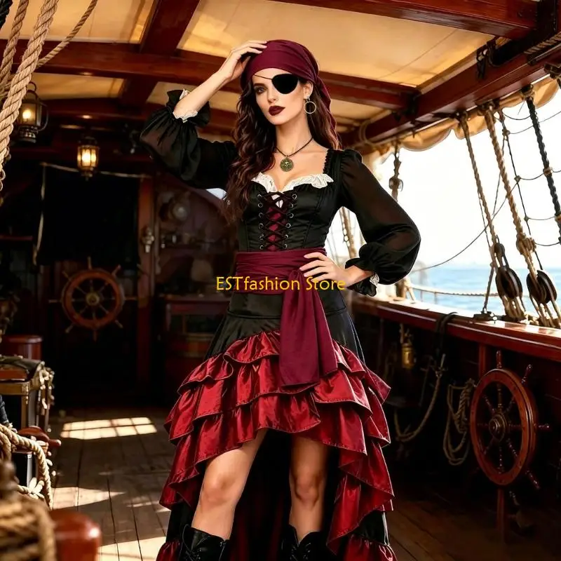 Y5GC Pirate Costume Accessories Renaissances Medieval Pirate Head Scarf,Sash Earrings Eye Patches Cosplay Halloween Costume