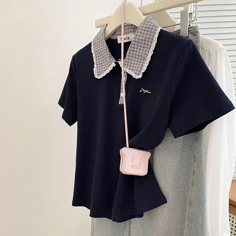 

Women's Plaid Peter Pan Collar Polo T-shirt Letter Embroidery Short Sleeve Casual Top