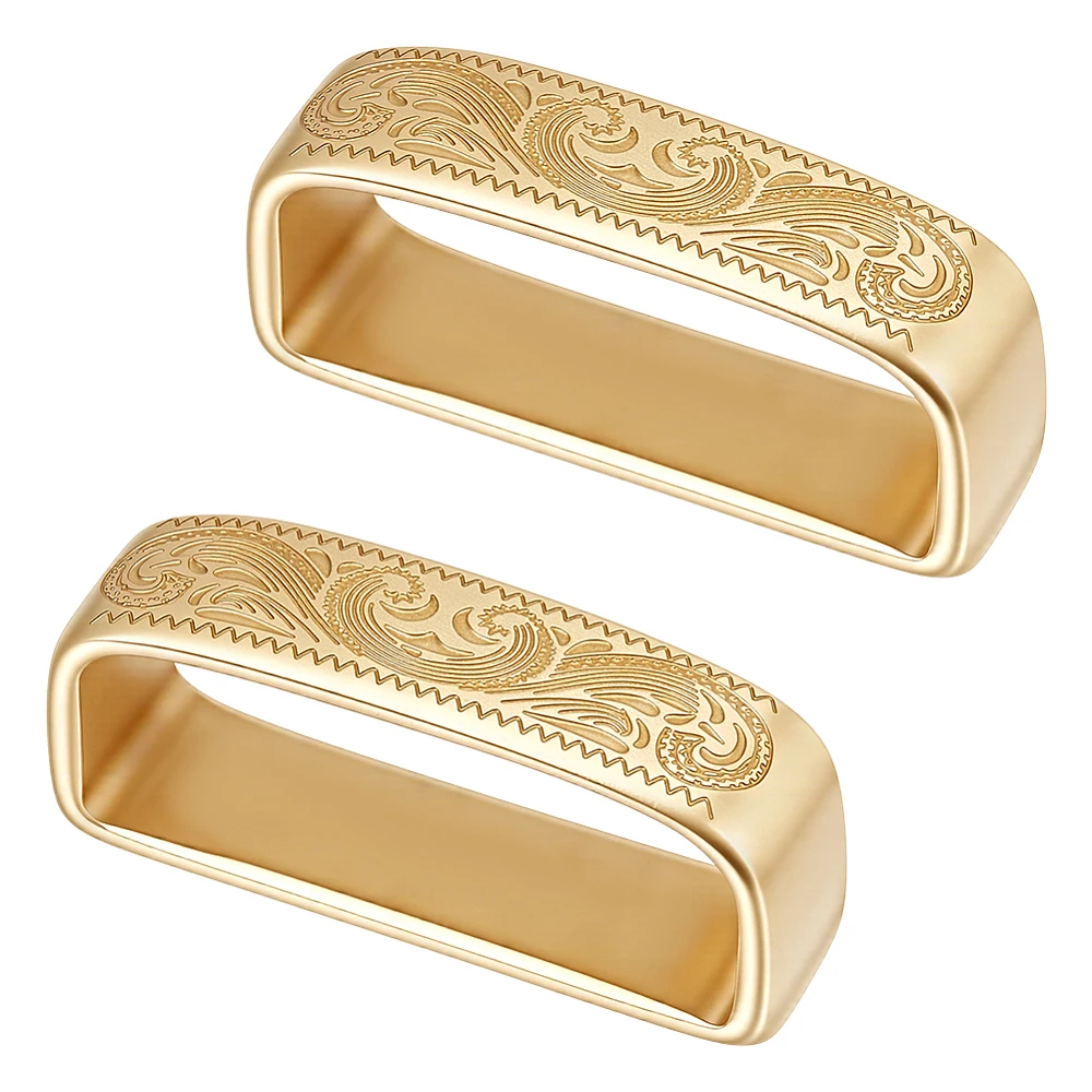 2Pcs Brass Belt Keeper Rings for Men's Belt Buckle Accessories Rectangle with Flower Pattern Golden