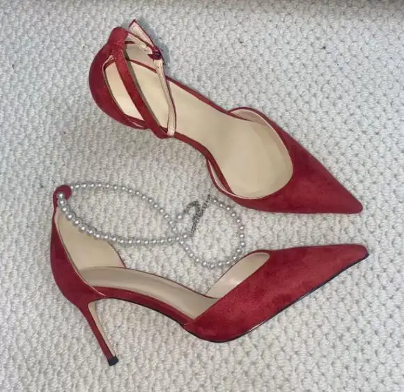 

Dark Red Suede Pearl Beading Ankle Wrap Pointed Toe Shallow Pumps Women 8 10 CM Thin Heels Party Shoes Prom Wedding Shoes