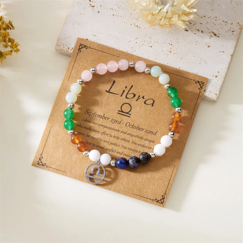 Minimalistische Bunte Naturstein-Perlenarmbänder für Damen und Herren, Modische Handgefertigte 12 Sternzeichen-Armbänder, Schmuck – Detail 21