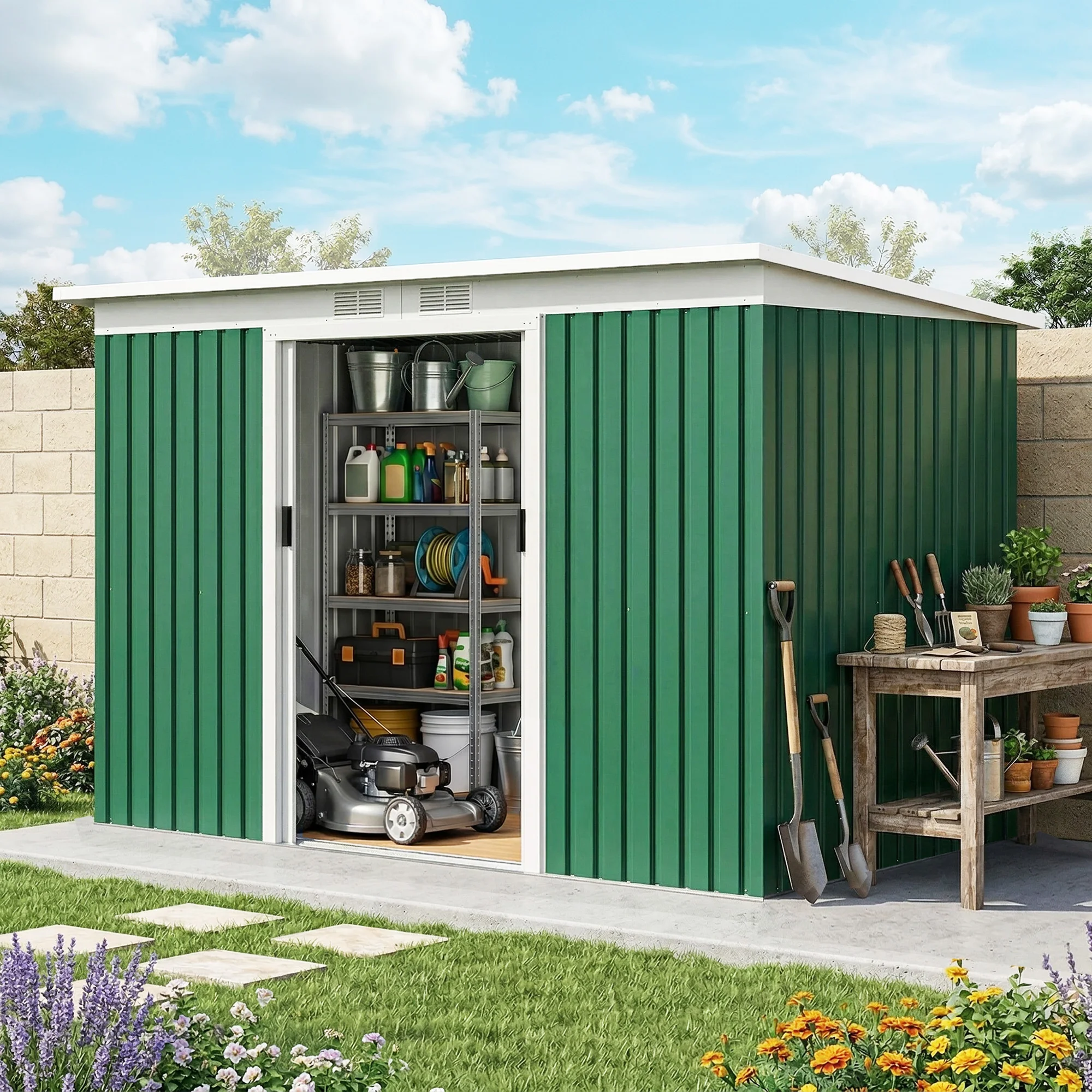 9' x 4' Metal Outdoor Storage Shed with Lockable Doors