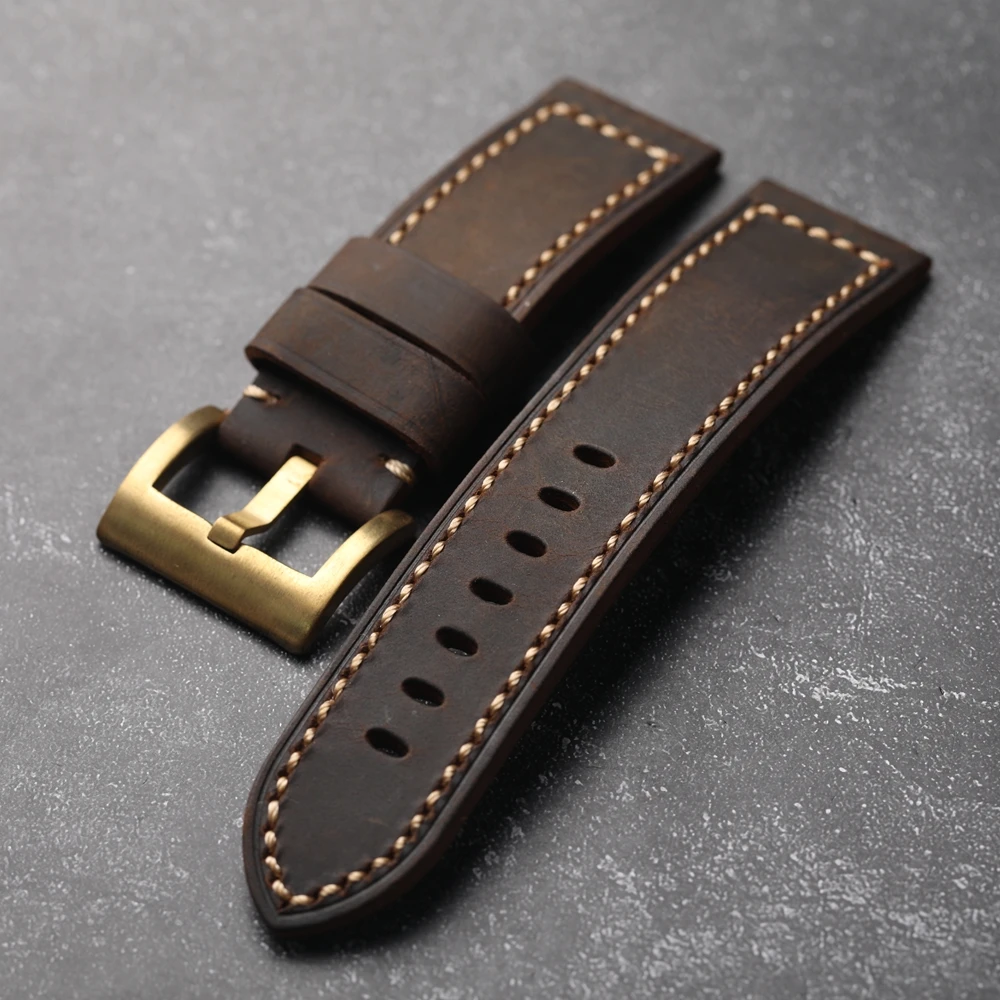 Handmade Crazy Horse Leather Genuine Leather Bracelet 20MM 22MM 24MM 26MM Thick Rugged Style Copper Buckle Men's Watch Strap