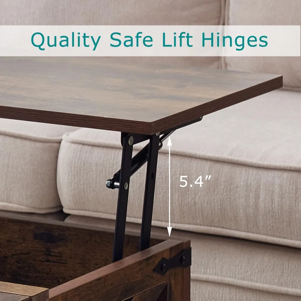 Tavolino da caffè marrone con contenitore, tavolo da cocktail con piano sollevabile incernierato, tavolo centrale quadrato in legno da fattoria con ampio spazio nascosto