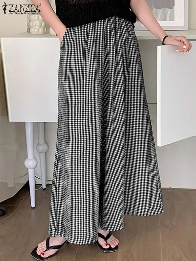 ZANZEA Woman Fashion Grid Printed Pant Casual Wide Leg Pants Elegant Pockets Trousers Female Holiday Loose Pantalon Oversized