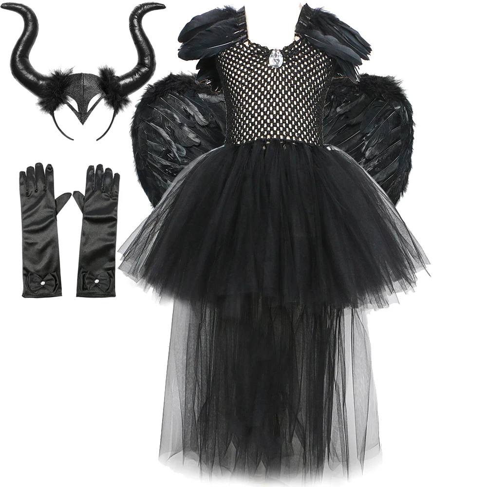 أزياء الفتيات ريشة الملاك الداكن الساحرة للأطفال فساتين زائدة الهالوين مع أجنحة قرون الأطفال ملكة الشيطان الأسود الزي