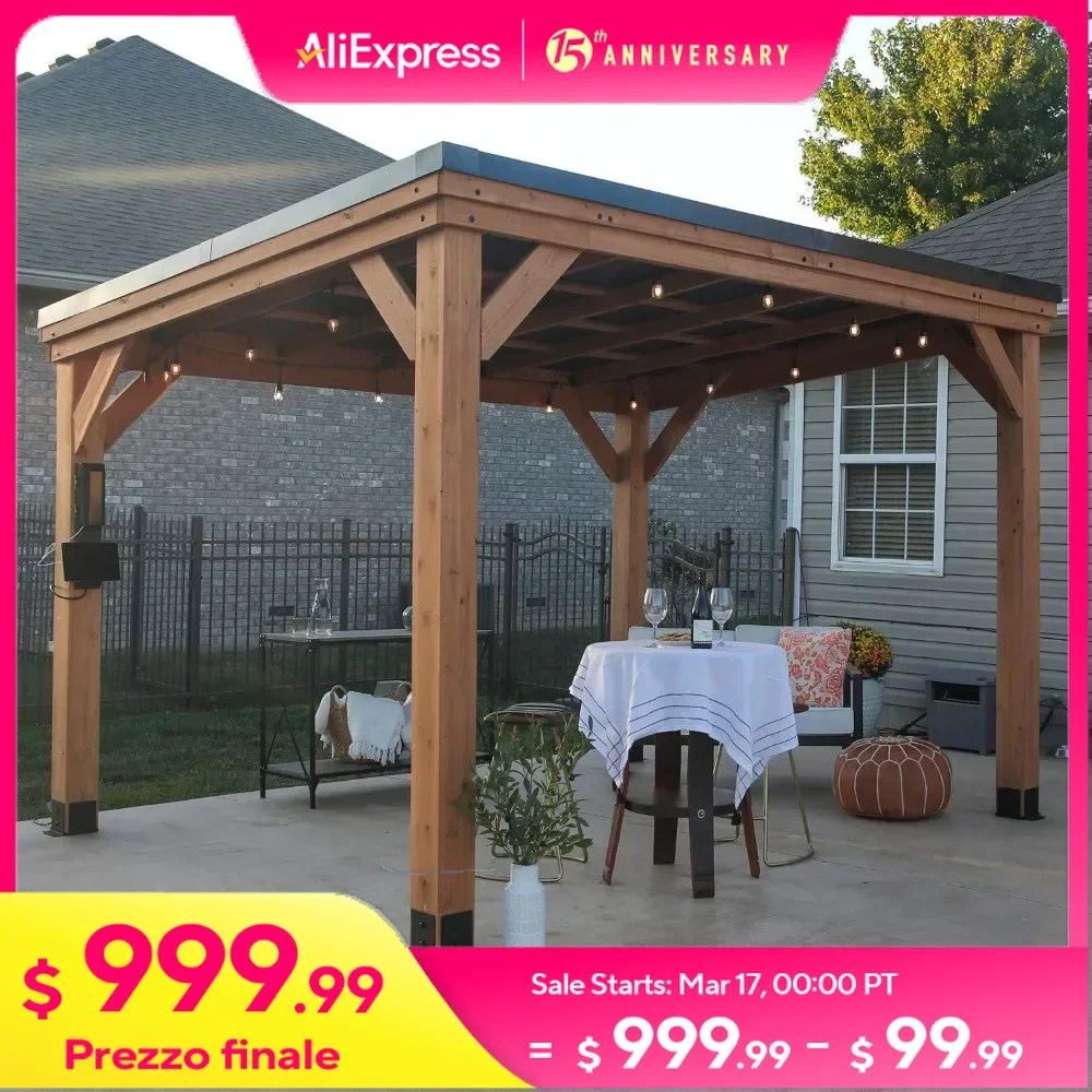 12 X 9.5 Wooden Gazebo Pavilion with Hard Top Steel Slope Roof，Supports Snow Loads and Wind Speed, Rot Resistant，Garden Canopy