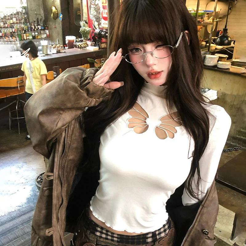 

Hot Girls Half Turtleneck Long Sleeve Butterfly Hollow Slim T-shirt Women Crop Top