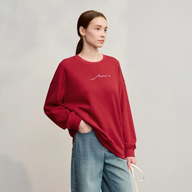 Amii Damskie Bluzy 2025 Zima Nowa Luźna Ciepła Bluza Damska z Długim Rękawem Haftowana Bluza Pulower z Okrągłym Dekoltem Top Damski 12524025