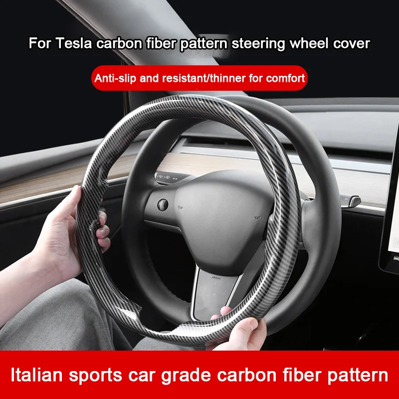 For Tesla Model 3 Model Y 2021 2022 2023 2024，Steering Wheel Cover Carbon Fiber Leather Suede Sport Styling interior Accessories