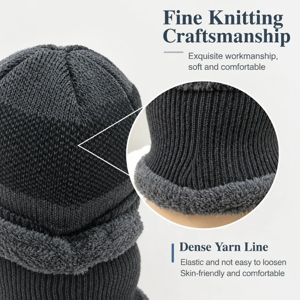 2Pcs/Set Fashion Warm Knitted Beanie Hat Fur Lined Windproof Winter Hats Suit Thickened Soft Coral Fleece Scarf for Men