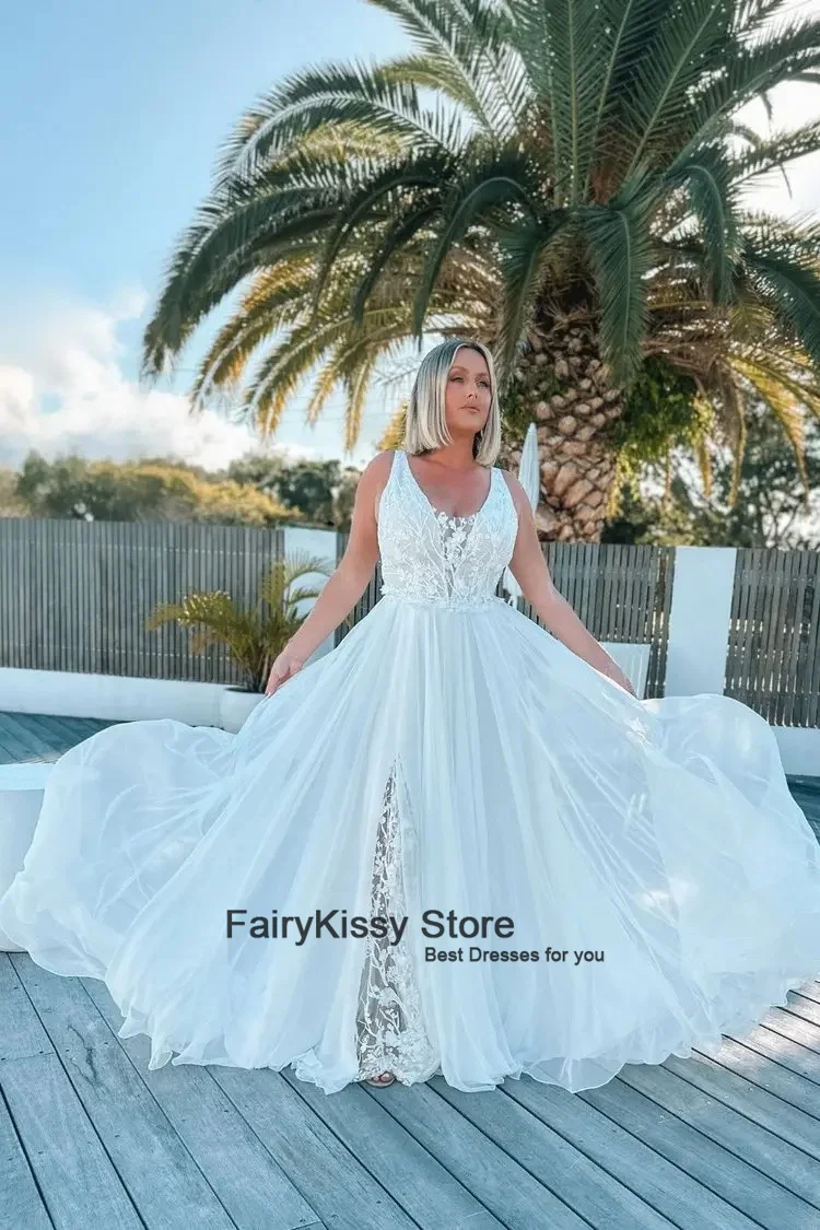 FairyKissy-Vintage V-Neck Lace Applique Boho Vestidos de Casamento, Custom Made, Side Slit, Praia A Line, 2020