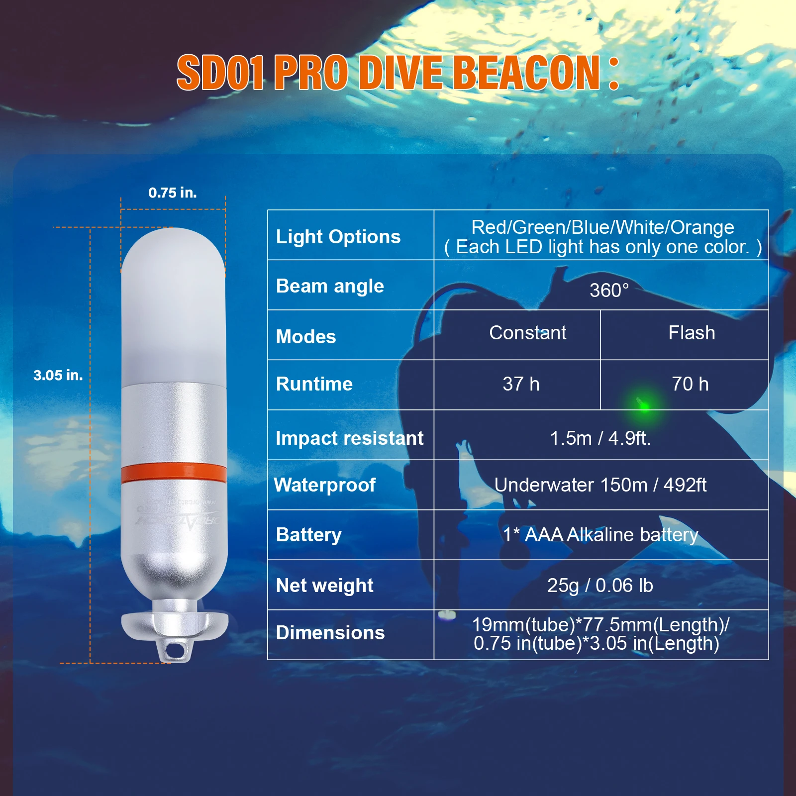 ORCATORCH SD01 PRO Scuba Dive Strobe Faro Immersione Subacquea Lanterna Mini Luce di Segnale Mini Dive Luce Stroboscopica Torcia Accessori