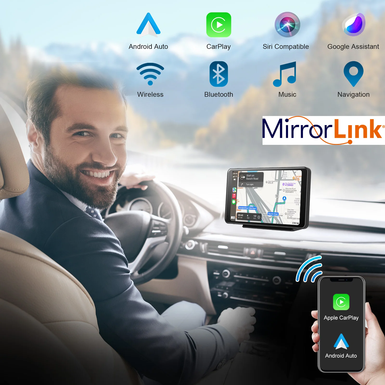 

Universal 7Inch Car Multimedia Dashboard Player Wireless Apple Carplay Android Auto Portable Radio Stereo Receiver Reverse image