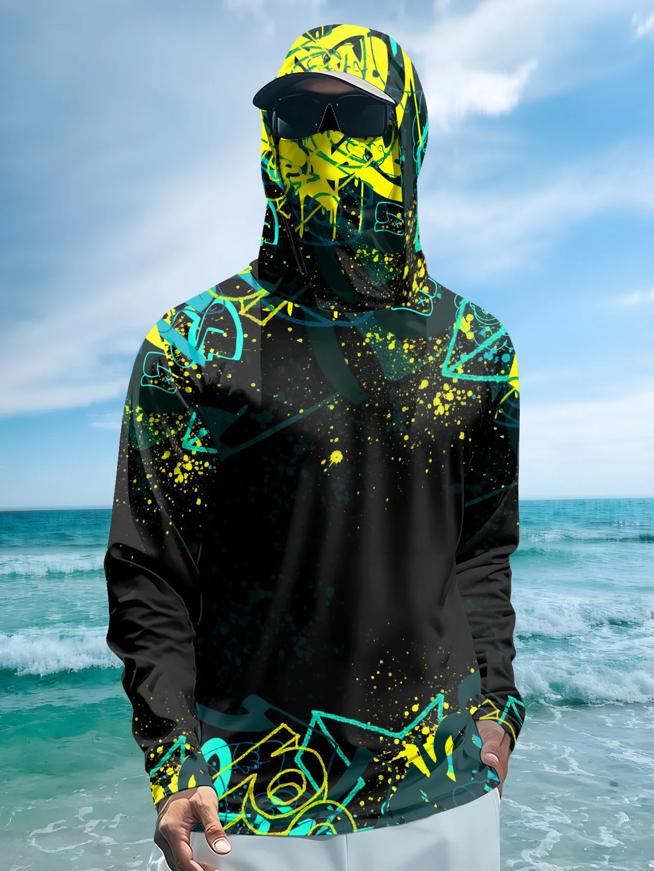 Mens Fishing Hooded Shirt UPF50 Sun Protection Face Cover Long Sleeve Black Yellow Graffiti Print Quick Dry Beach Outdoor UV