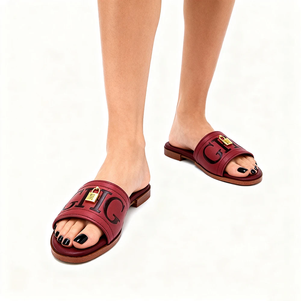 صنادل مسطحة خمر فاخرة 2025 جلد تفاصيل قفل ذهبي شبشب نسائي ولائم مساء هدية أنيقة عميقة