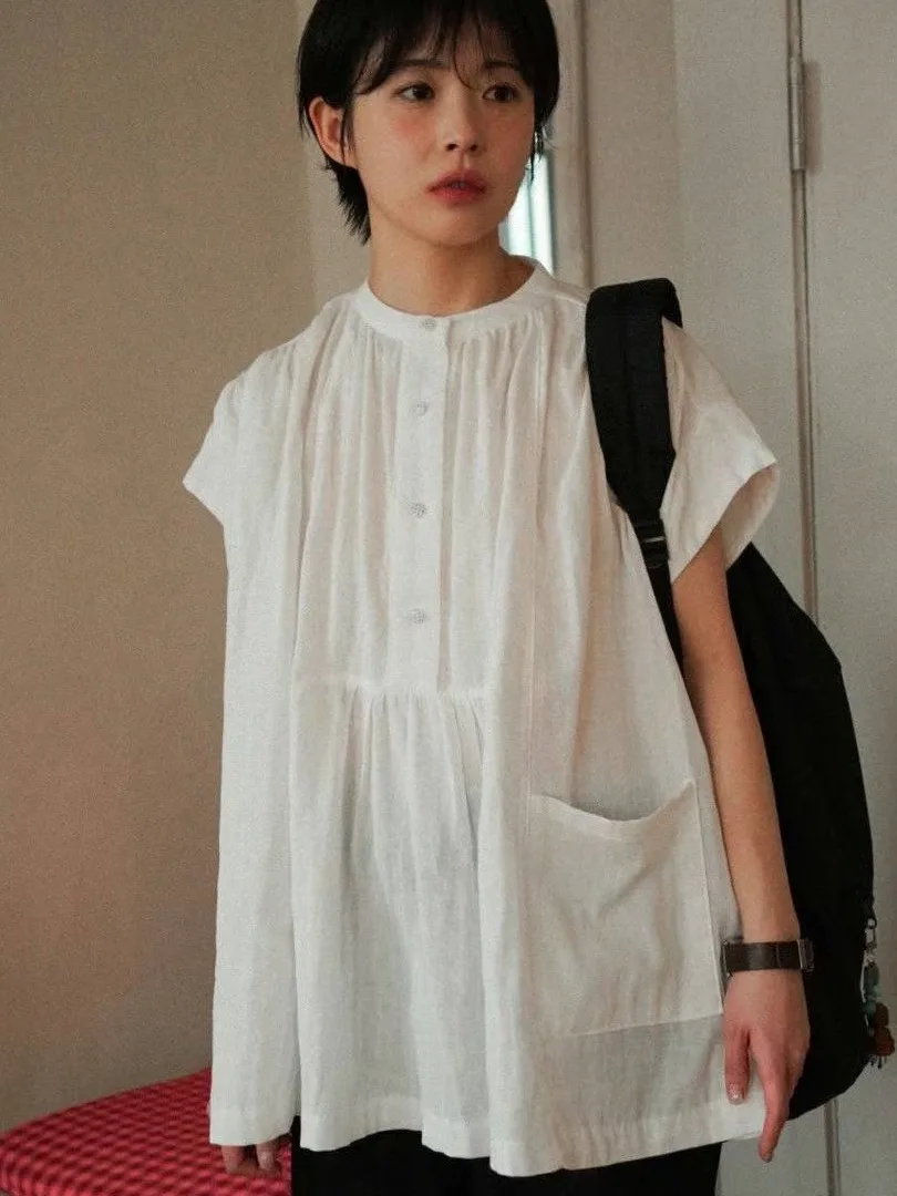 Elegancki, retro, japoński, luźny, swobodny top damski z okrągłym dekoltem, zapinany na guziki, idealny na wiosnę i lato.