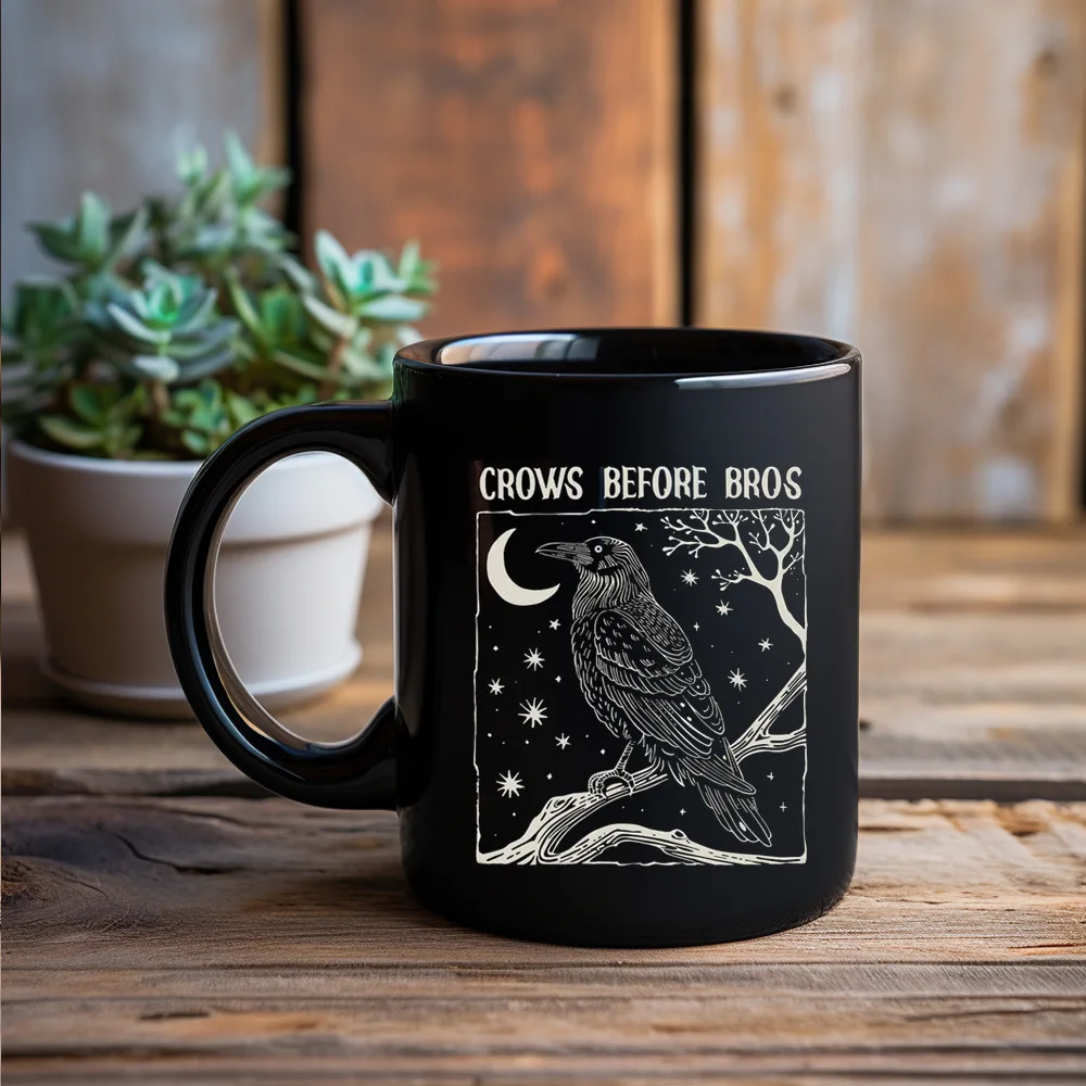 New products in November, crows under the stars at night, coffee mugs, black ceramic cups.