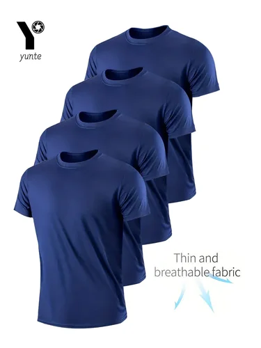 Camiseta de cuello redondo para hombre, camisa de secado rápido, transpirable, ultraligera, color azul marino, 4 piezas, para Fitness, gimnasio y correr, a cuadros ligeros