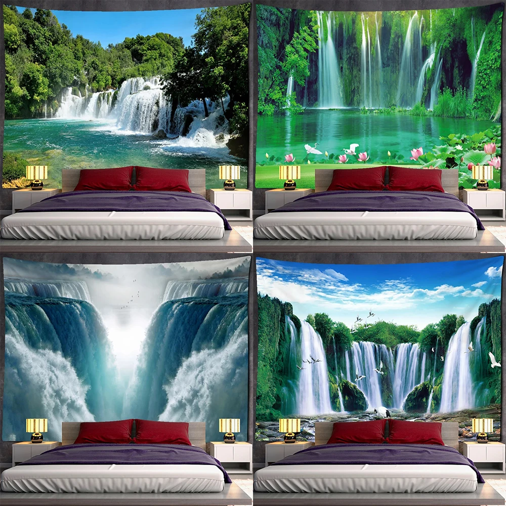 Waterfall Pattern Tapestry White Clouds Landscape Wall Hanging Cloth Bohemian Home Decor Living Room Background Cloth