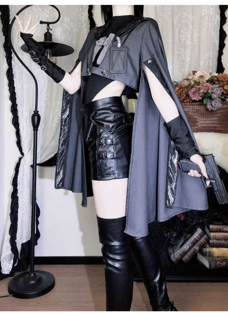2025 Summer New Lolita Dark Punk Gothic Style Grey Black Long Sleeve Top High Waist Shorts Irregular Tight Tank Top Set