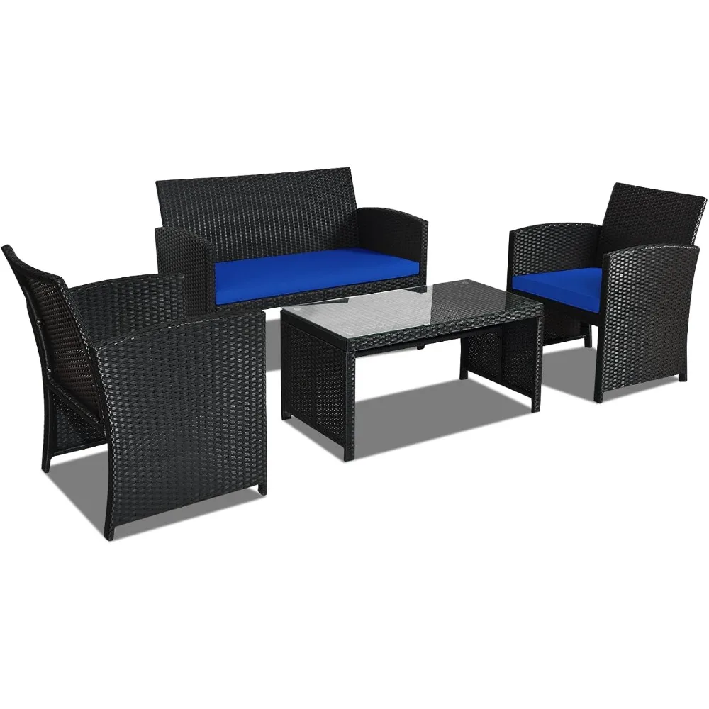 

Rattan Patio Furniture Set 4 Pieces, Outdoor Wicker Conversation Sofa and Table Set with Soft Cushions & Tempered Glass
