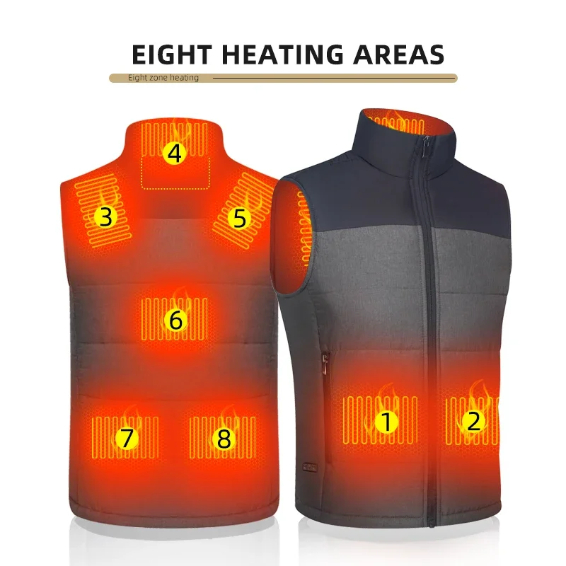 Unisex Thermal Vest USB Charging 8 Areas Heating Jacket Heated Vest Ski 3 Temperature Mode Electric Heating Gilet for Men Women