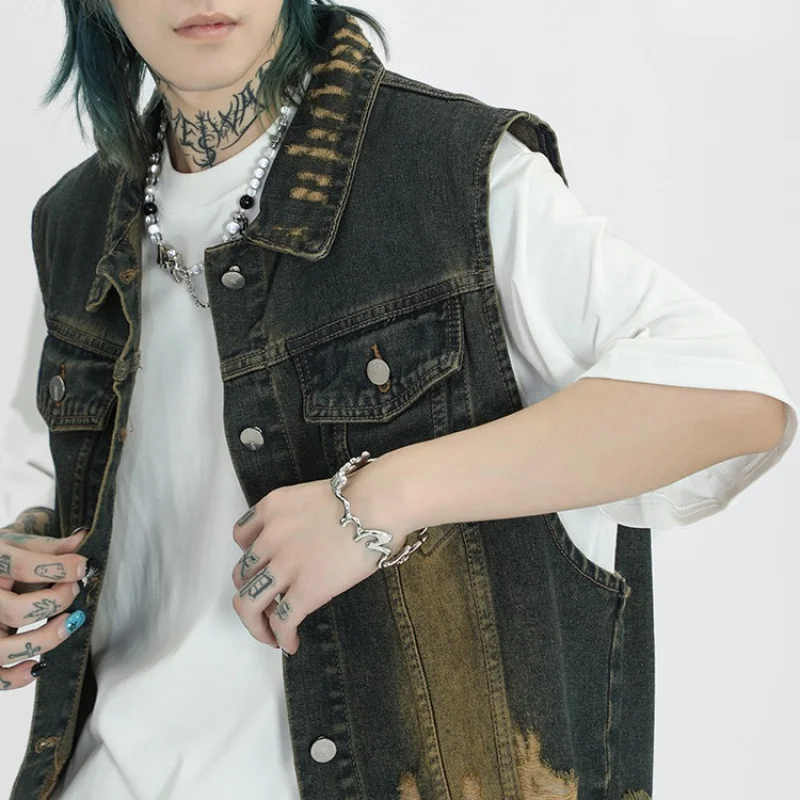 

Vintage Design Washed Distressed Turn-Down Collar Short Vest Men Loose Trendy Sleeveless Stylish Men