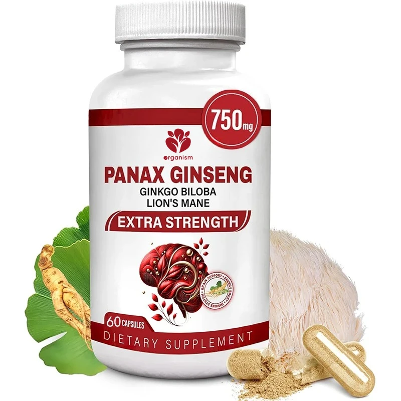 

Ginseng+Ginkgo biloba leaves+Lion's Mane -60 vegetarian capsules, energy boosting, non GMO and gluten free herbal supplements