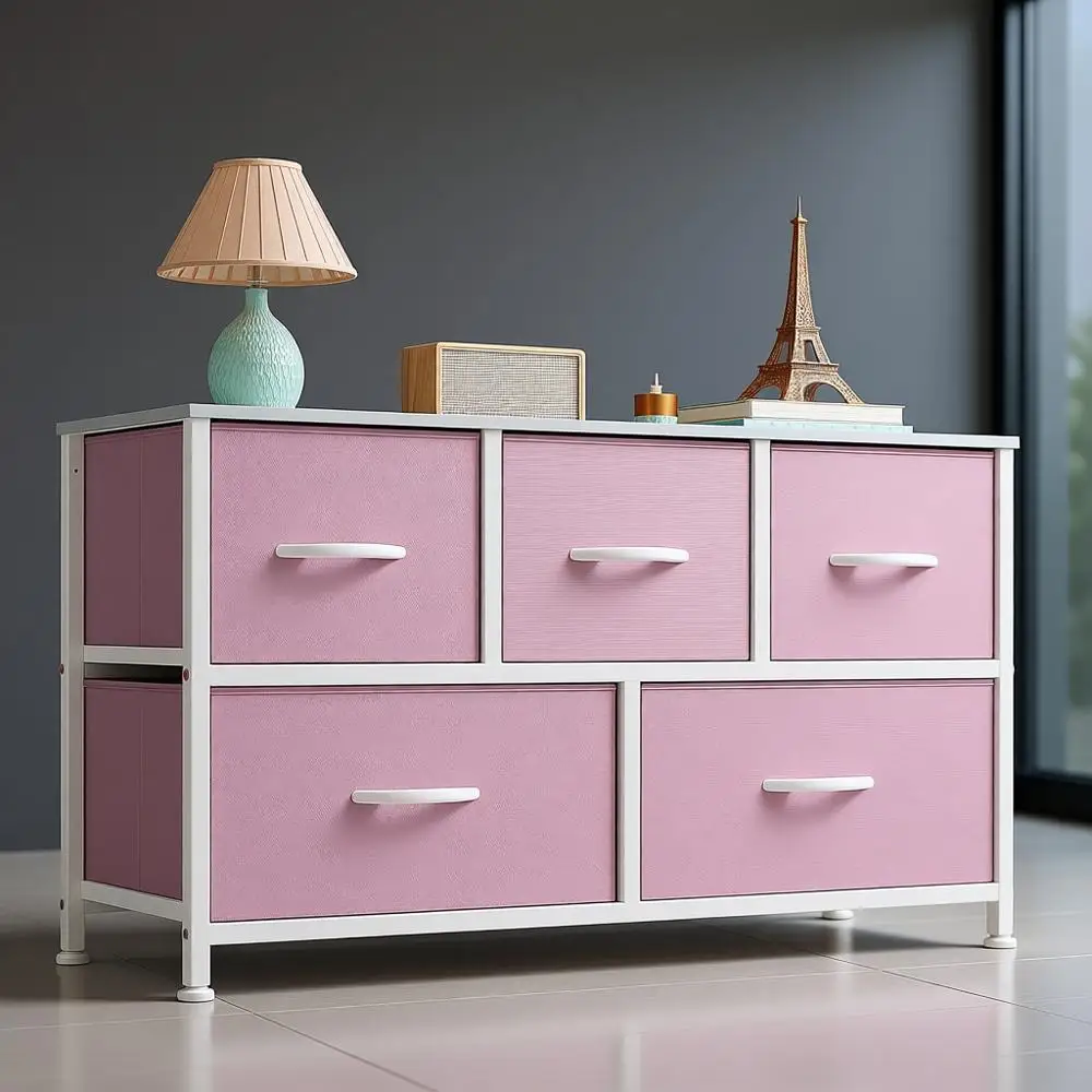 

5-Tier Fabric Drawer Storage Tower with Wooden Top for Bedroom, Living Room, and Nursery - Pink
