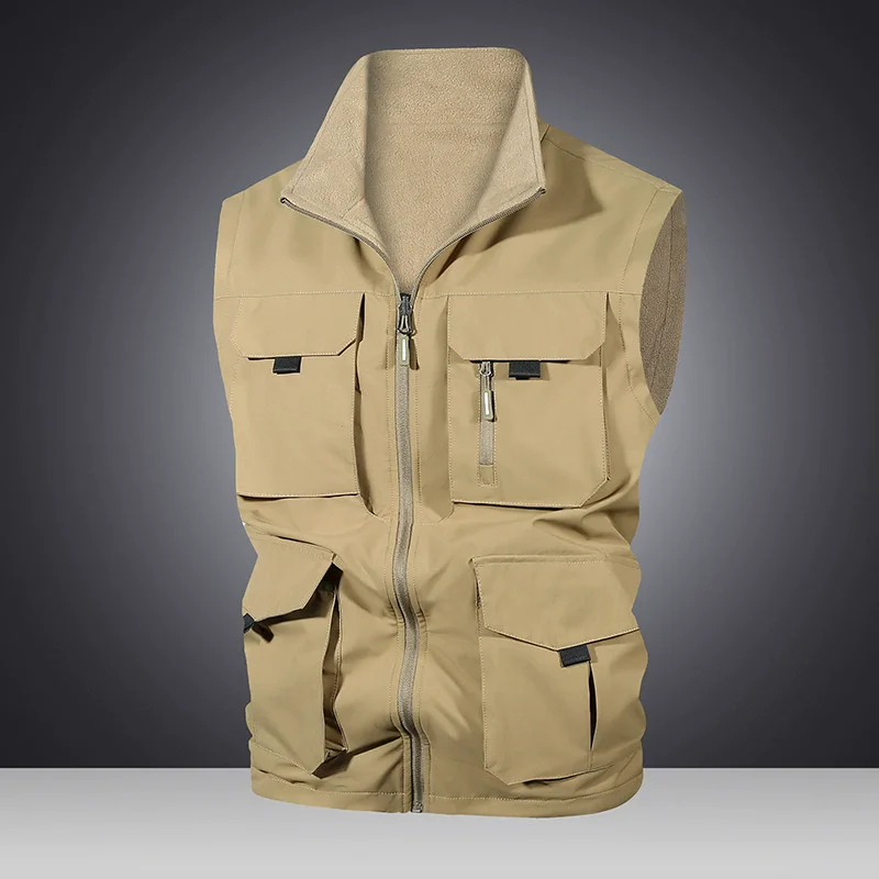 

Весенне-осенний мужской двусторонний жилет, спортивный повседневный однотонный жилет без рукавов с несколькими карманами для рыбалки, мужской жилет-стойка