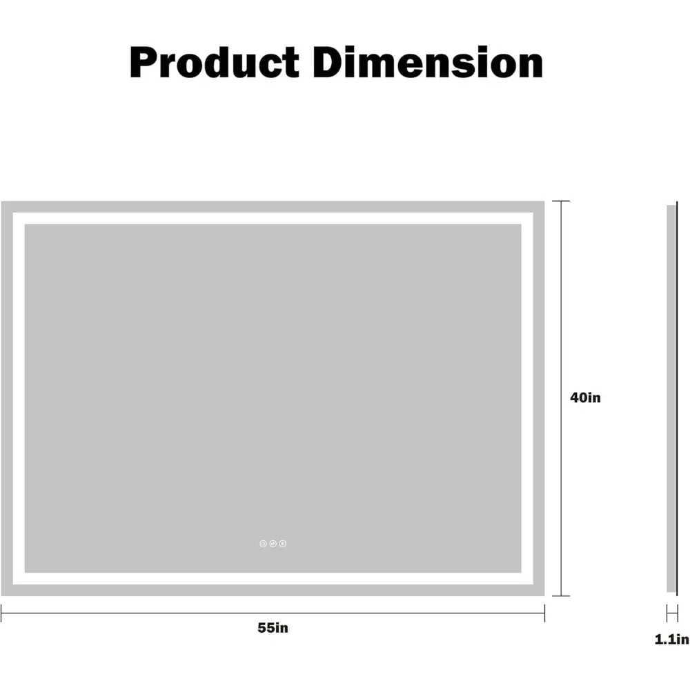 กระจกแต่งหน้าแบบมีไฟ LED ขนาด 55x40 นิ้ว พร้อมคุณสมบัติป้องกันฝ้าและปรับความสว่างได้ ติดผนังสำหรับใช้ในห้องน้ำ