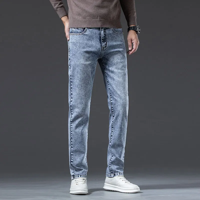 High-end retro snowflake straight jeans for men Autumn and winter new styles Men's straight fit stretch denim trousers