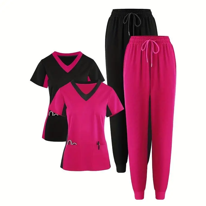 4-teiliges medizinisches Stretch-Uniform-Set in Übergröße mit kurzärmligem Oberteil mit V-Ausschnitt und Hose mit Kordelzug, mit funktionellen Taschen