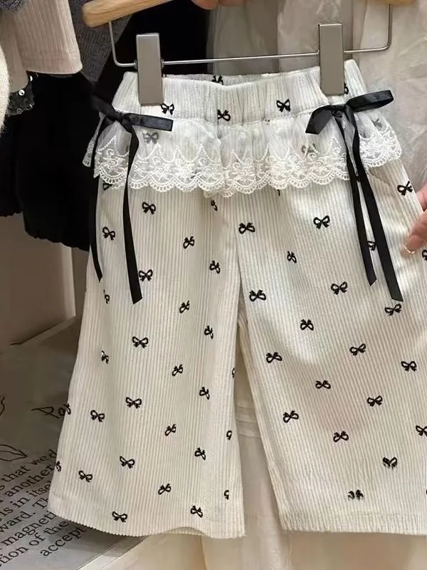 

Sweet Knot Lace Wide Leg Pants for Girls Autumn New Sle Faionable Baby Clothes Cotton Long Sve round Ne Top